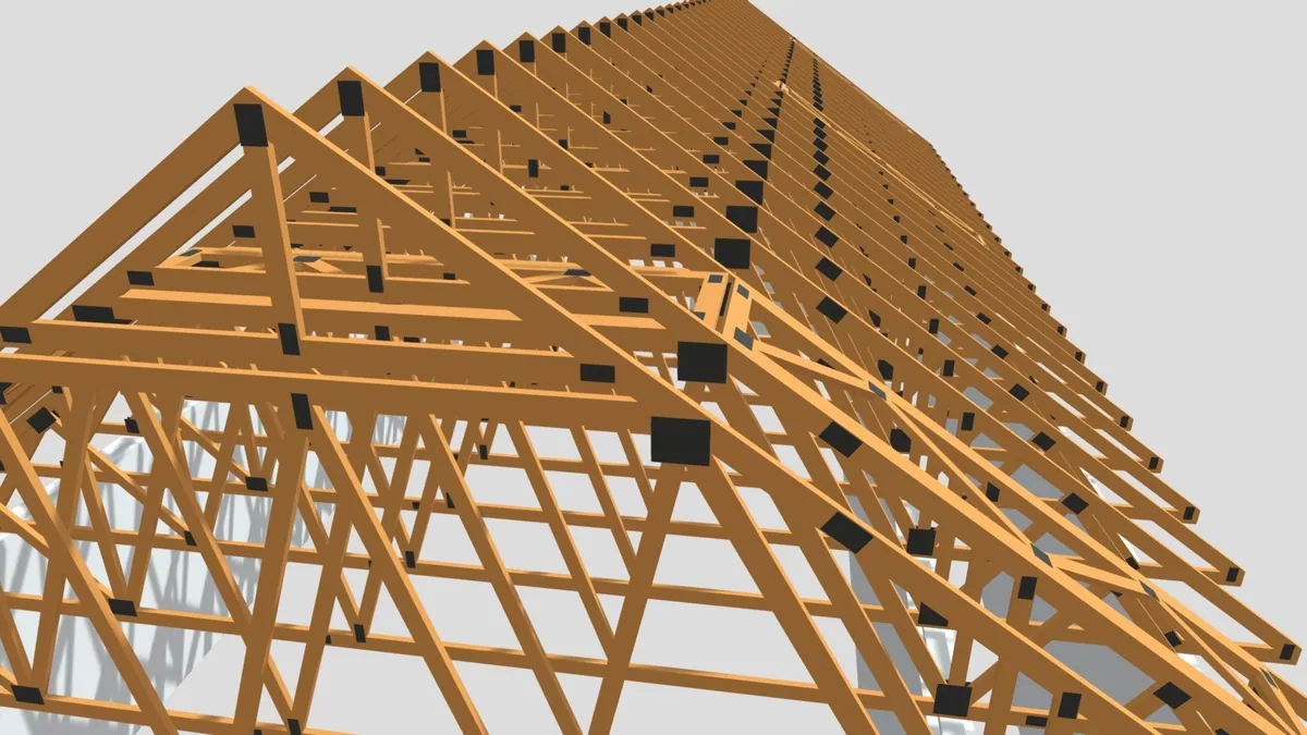 Merevítés és tartósor — fa rácsostartós tetőszerkezet 3D modellje