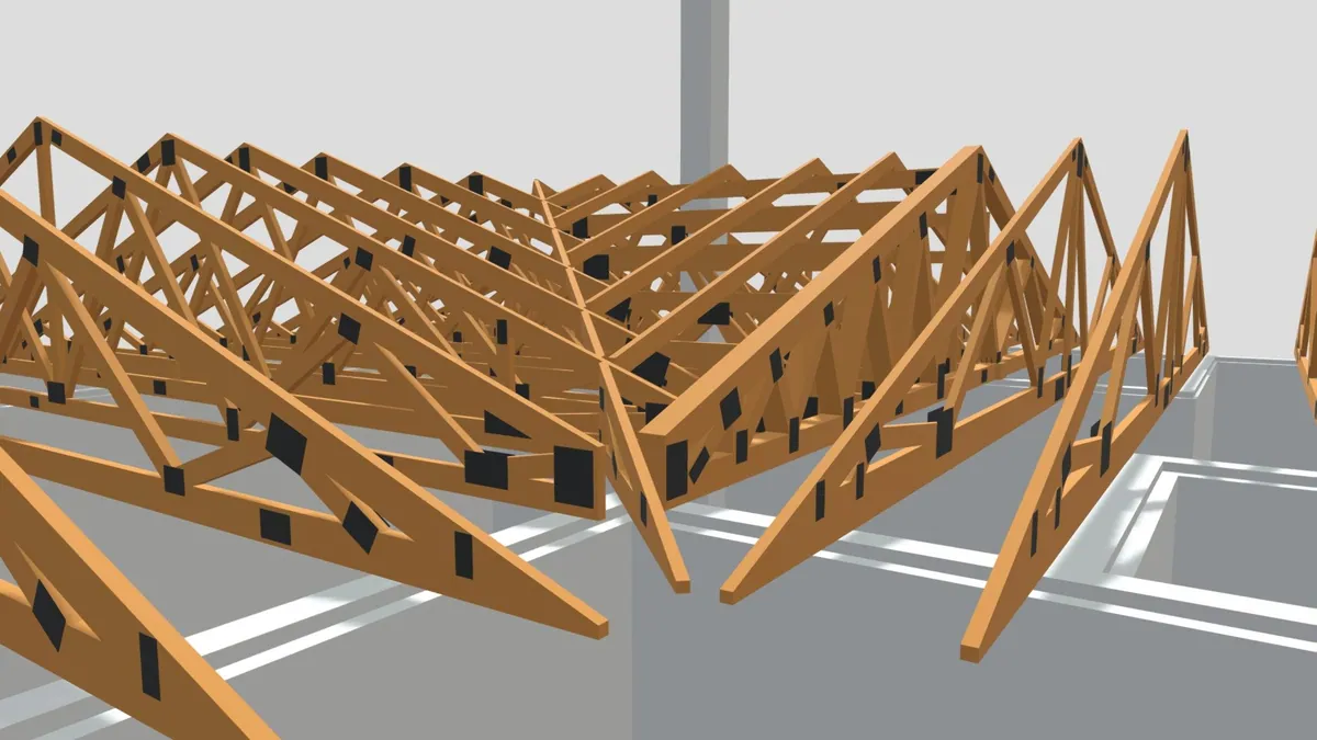 Csomópontok közelről — fa rácsostartós tetőszerkezet 3D modellje