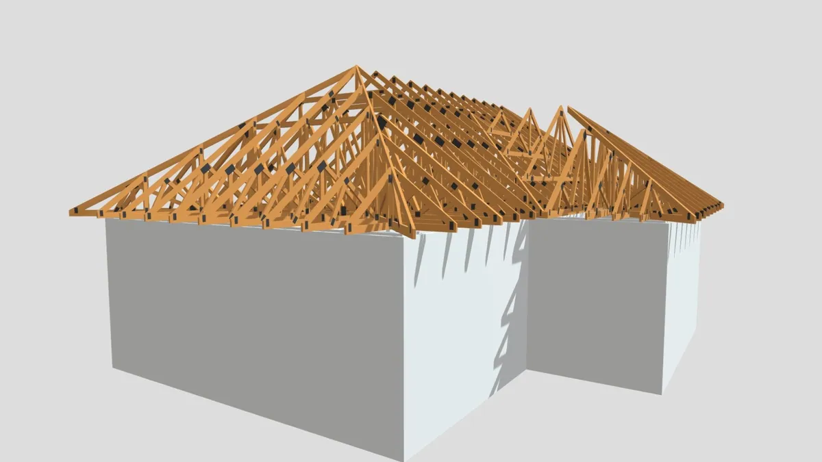 Kontyolt tető, L alaprajz — fa rácsostartós tetőszerkezet 3D modellje