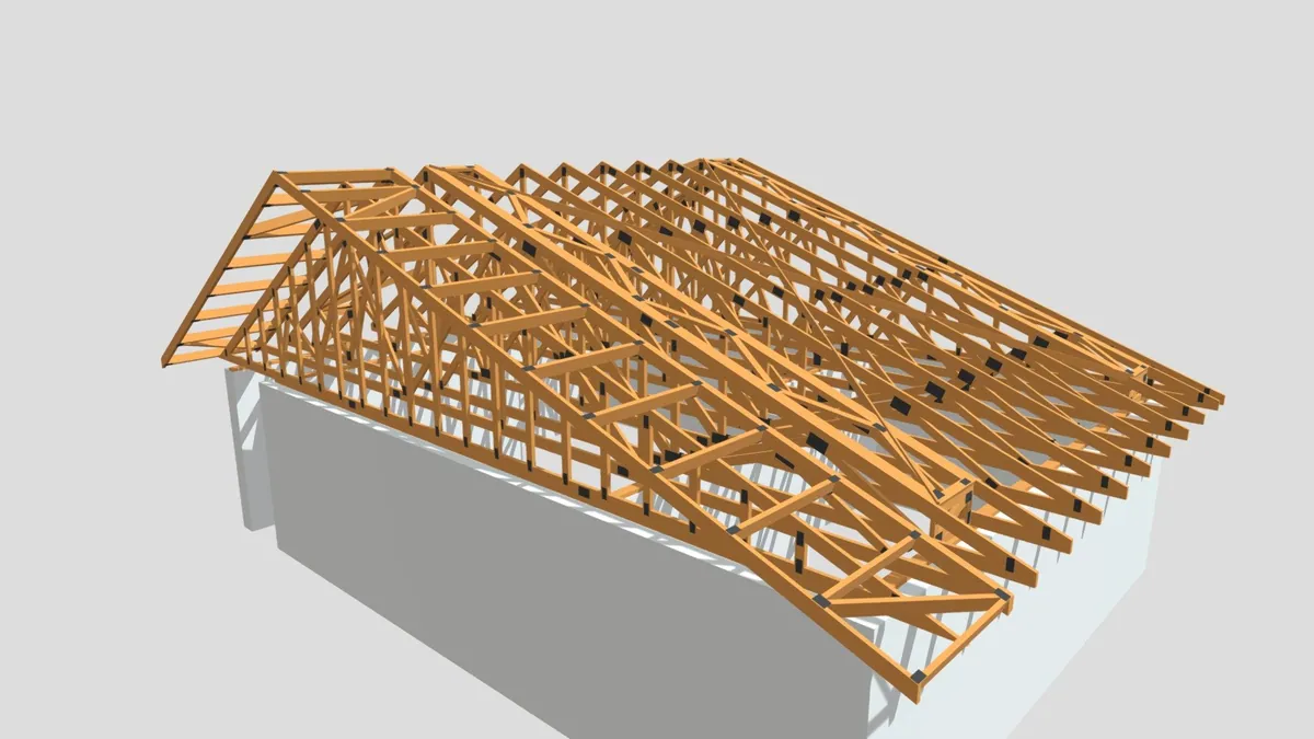 Összetett tetőszerkezet — fa rácsostartós tetőszerkezet 3D modellje