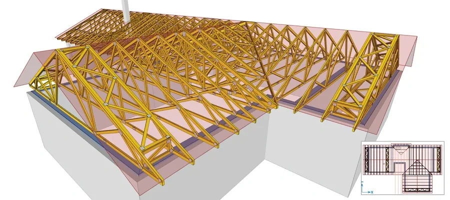 TRUSS4 Truss 3D — teljes tetőszerkezet rácsostartókkal és alaprajzi kivágattal