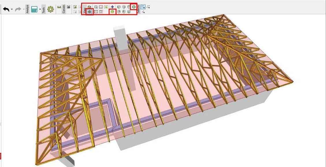 TRUSS4 Truss 3D — teljes fa rácsostartós tetőszerkezet a program 3D munkaterében